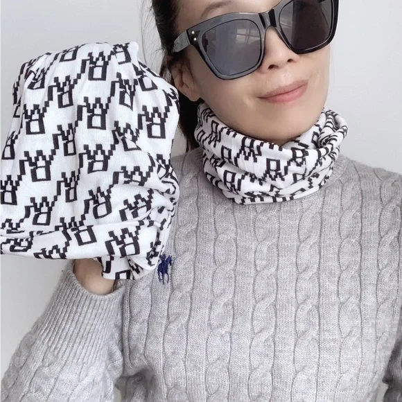 SOFT MONOGRAM KNIT BEANIE AND INFINITY NECK WARMER - WHITE BLACK PRINT 2 PIECE - Picture 7 of 8